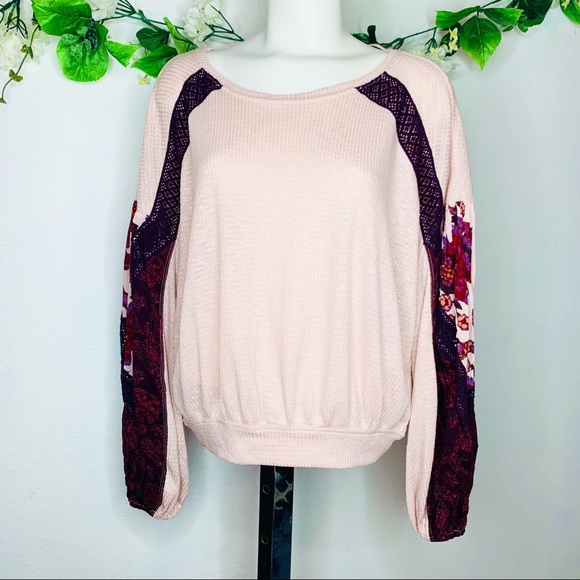 Free People Rose Combo Ballon Sleeves Thermal Top - Picture 7 of 7
